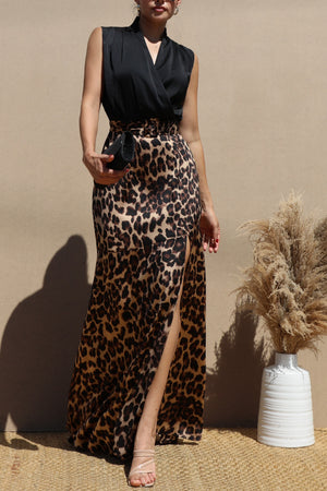 DD7719, Leopard V Neck Satin Maxi Dress