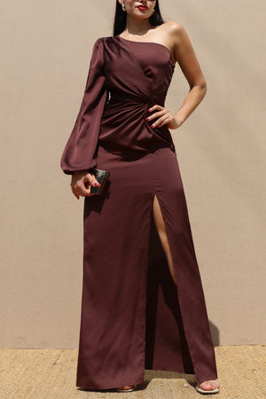 DD7582, ONE SHOULDER SATIN MAXI DRESS