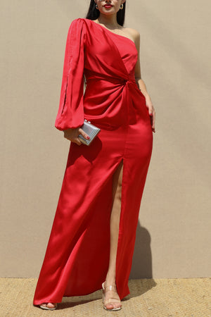 DD7582, ONE SHOULDER SATIN MAXI DRESS