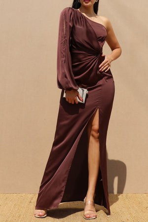 DD7582, ONE SHOULDER SATIN MAXI DRESS