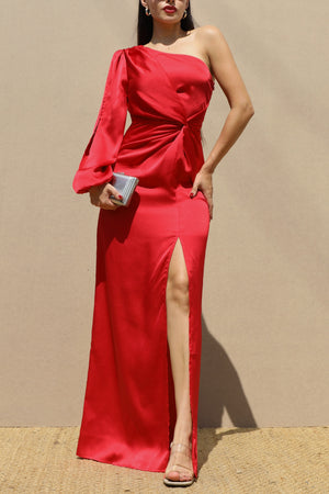 DD7582, ONE SHOULDER SATIN MAXI DRESS