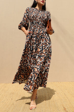DD7731, SMOCKED TOP WOVEN MIDI DRESS