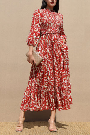 DD7731, SMOCKED TOP WOVEN MIDI DRESS