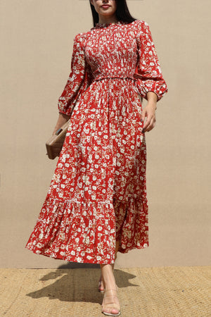 DD7731, SMOCKED TOP WOVEN MIDI DRESS