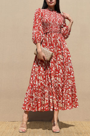 DD7731, SMOCKED TOP WOVEN MIDI DRESS