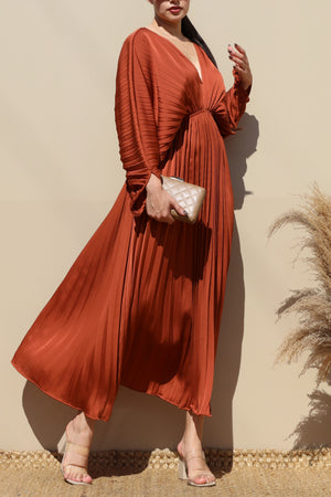 DD4923, PLEATED V NECK SATIN LONG DRESS
