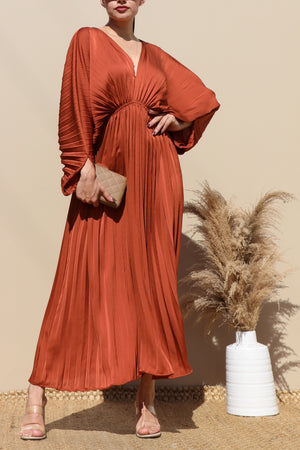 DD4923, PLEATED V NECK SATIN LONG DRESS