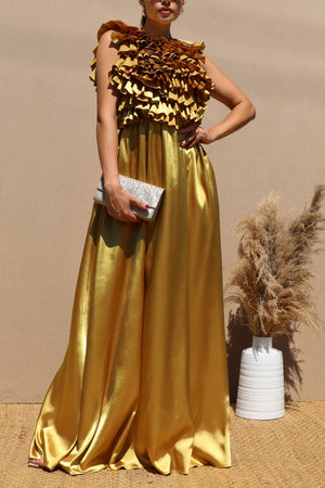 DD7650, RUFFLED TOP SATIN MAXI DRESS