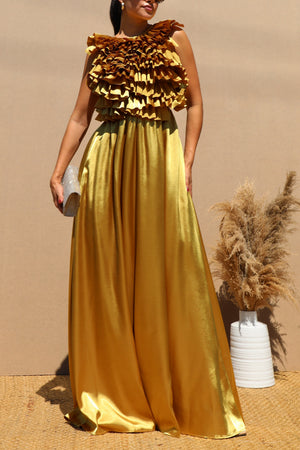 DD7650, RUFFLED TOP SATIN MAXI DRESS