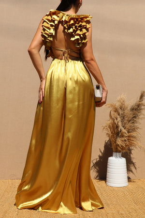 DD7650, RUFFLED TOP SATIN MAXI DRESS
