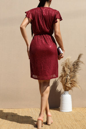 DD4121, SEQUIN V NECK WRAP DRESS