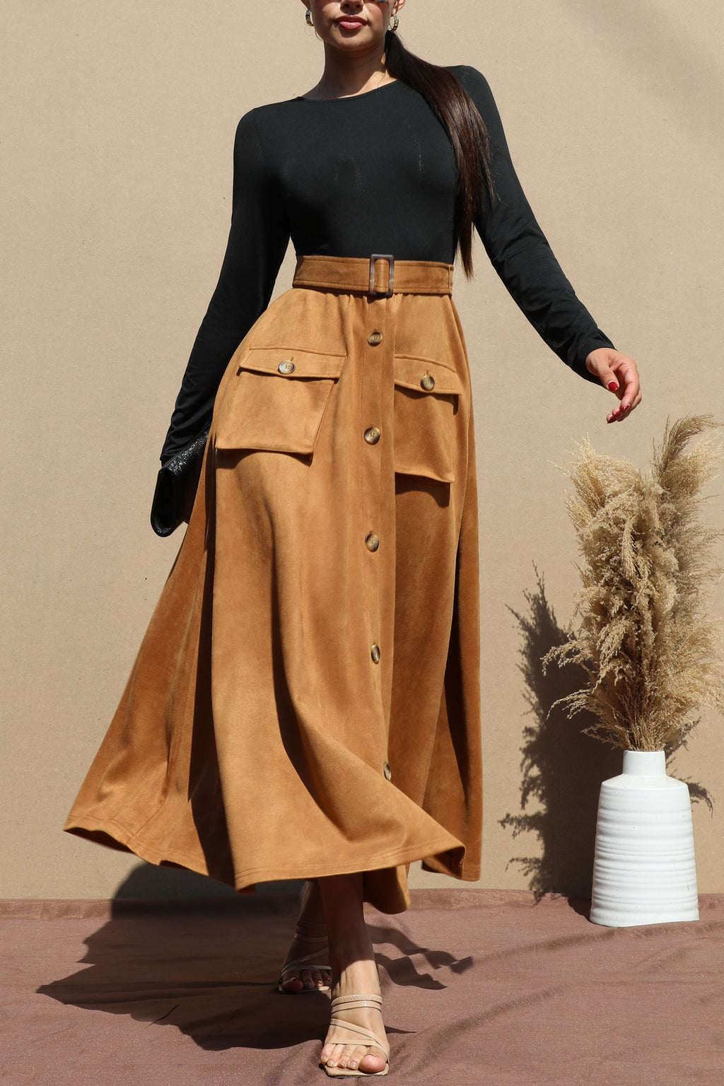 DD7671, SUEDE BUTTON DOWN MIDI DRESS