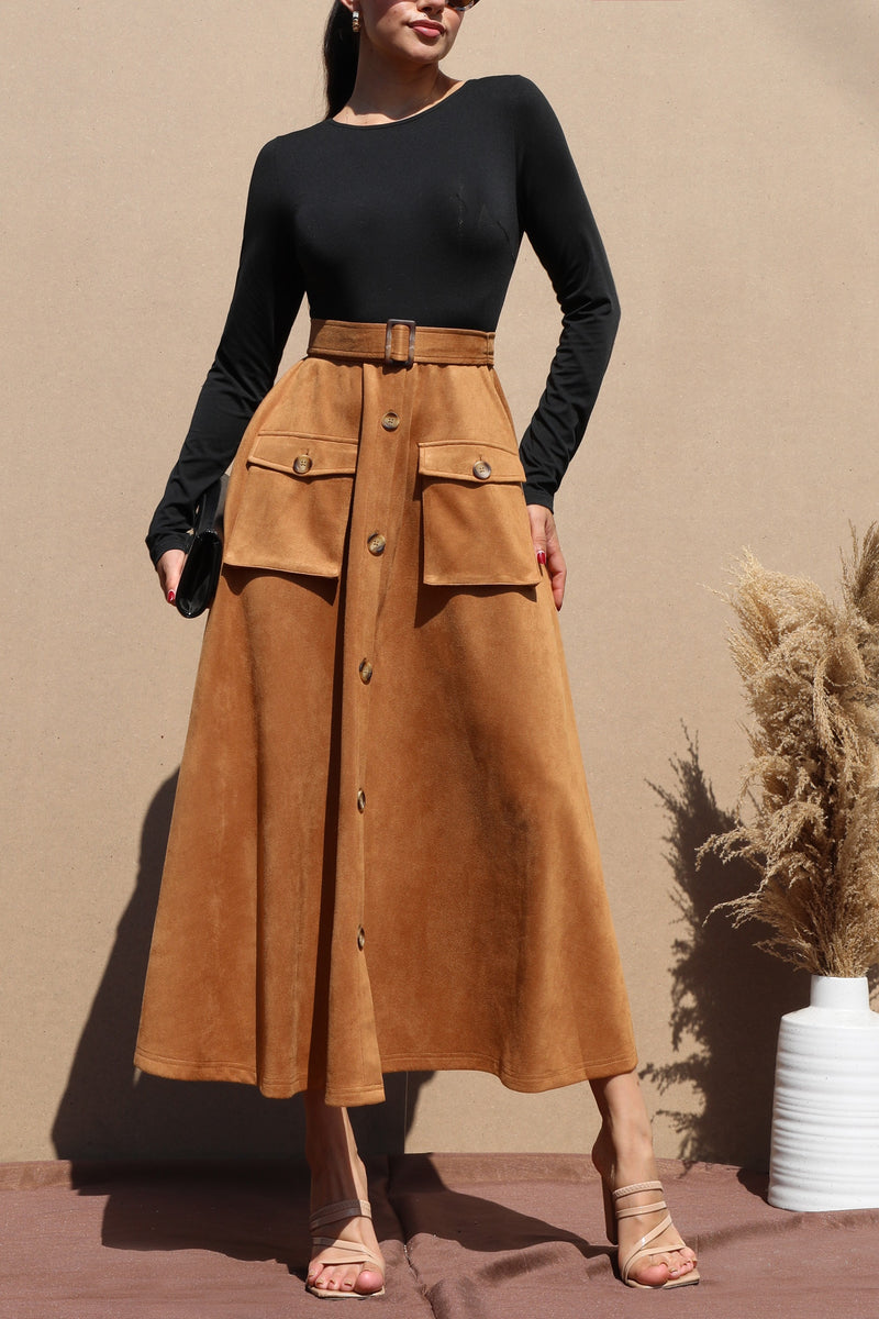 DD7671, SUEDE BUTTON DOWN MIDI DRESS