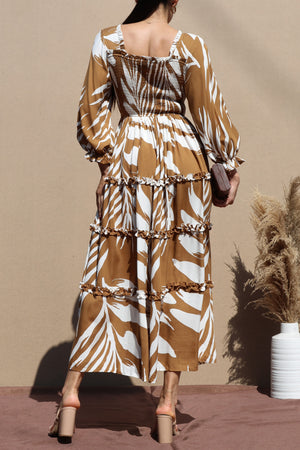 DD7723, PRINTED RUFFLE WOVEN MIDI DRESS