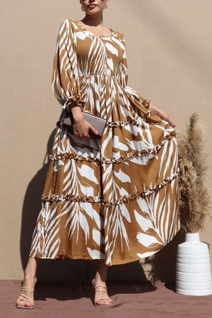 DD7723, PRINTED RUFFLE WOVEN MIDI DRESS