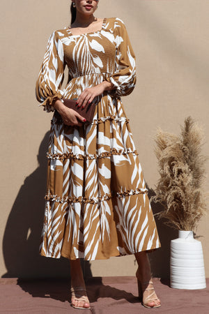 DD7723, PRINTED RUFFLE WOVEN MIDI DRESS
