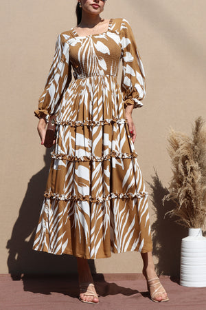 DD7723, PRINTED RUFFLE WOVEN MIDI DRESS
