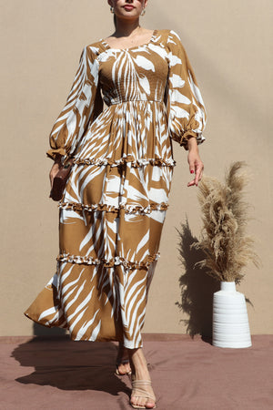 DD7723, PRINTED RUFFLE WOVEN MIDI DRESS