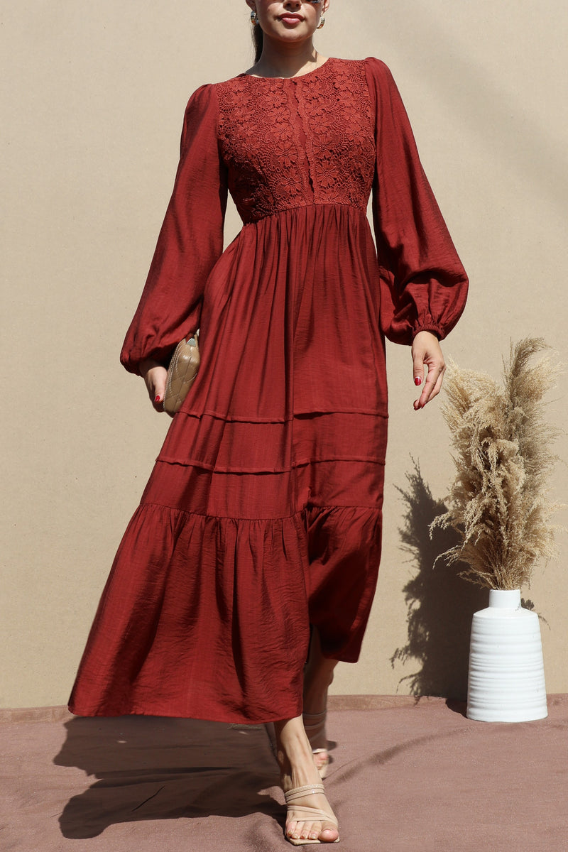 DD7703, LACE TOP WOVEN MIDI DRESS