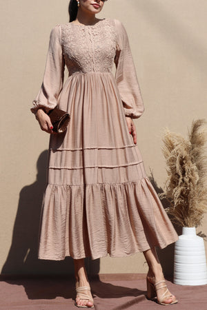 DD7703, LACE TOP WOVEN MIDI DRESS