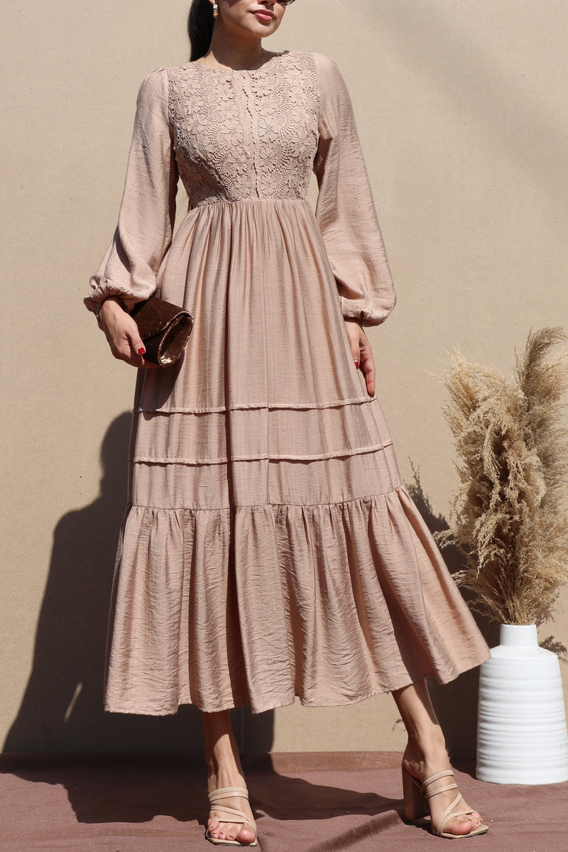 DD7703, LACE TOP WOVEN MIDI DRESS