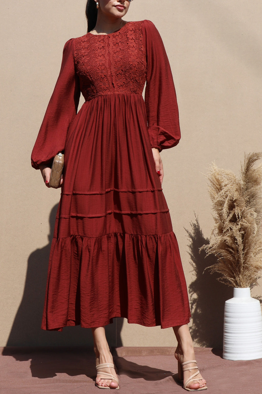 DD7703, LACE TOP WOVEN MIDI DRESS