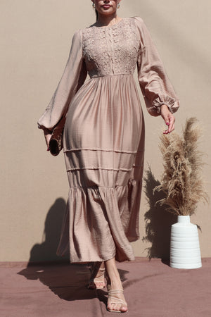 DD7703, LACE TOP WOVEN MIDI DRESS