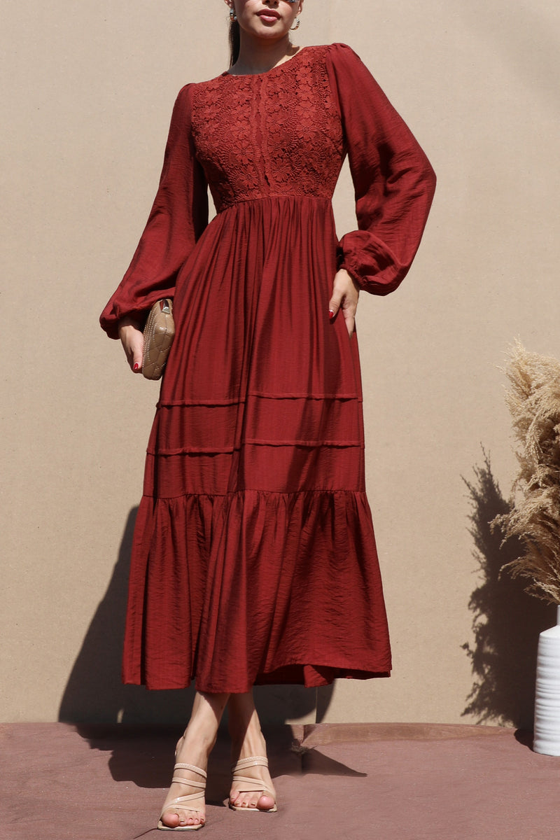 DD7703, LACE TOP WOVEN MIDI DRESS