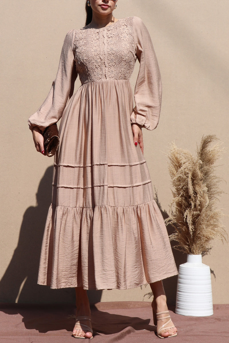 DD7703, LACE TOP WOVEN MIDI DRESS