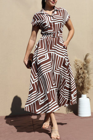 DD7712, PRINTED BUTTON DOWN WOVEN MIDI DRESS