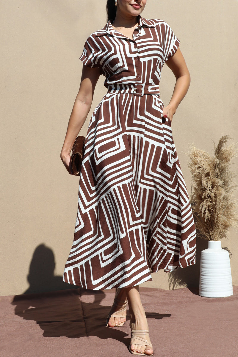 DD7712, PRINTED BUTTON DOWN WOVEN MIDI DRESS