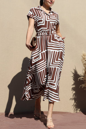 DD7712, PRINTED BUTTON DOWN WOVEN MIDI DRESS