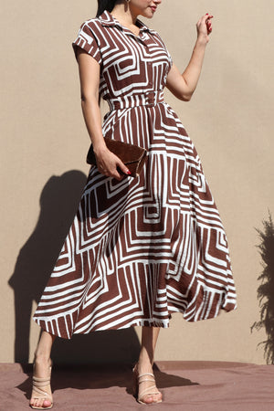 DD7712, PRINTED BUTTON DOWN WOVEN MIDI DRESS
