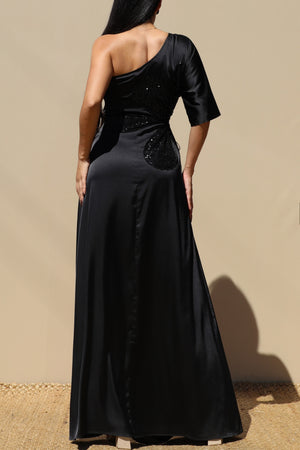 DD6522, ONE SHOULDER SATIN MAXI DRESS