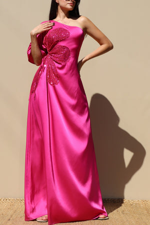 DD6522, ONE SHOULDER SATIN MAXI DRESS