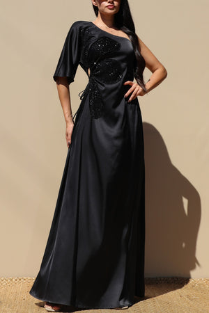 DD6522, ONE SHOULDER SATIN MAXI DRESS