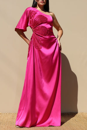 DD6522, ONE SHOULDER SATIN MAXI DRESS
