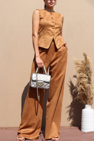 DD7696, SUEDE BUTTON DOWN VEST AND PANTS SET