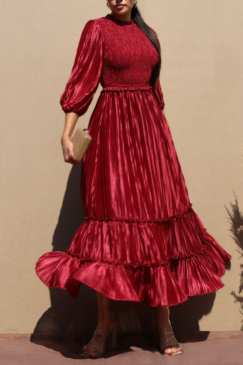 DD7754, PLEATED SMOCK TOP WOVEN MIDI DRESS