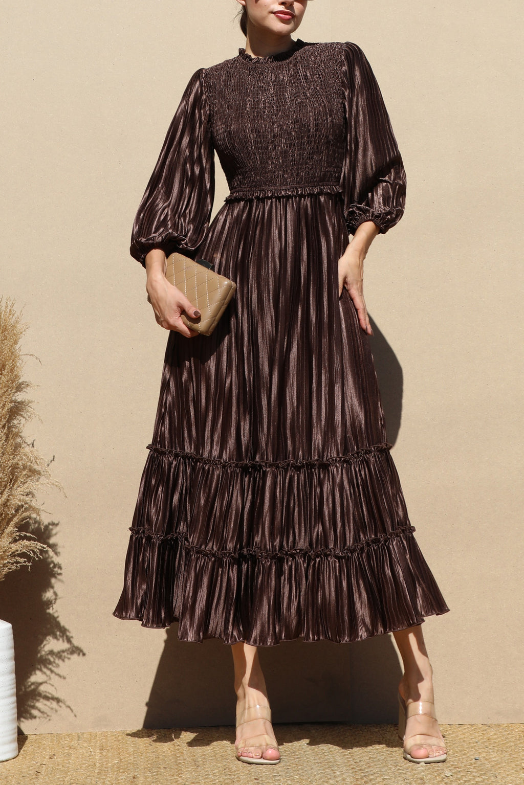 DD7754, PLEATED SMOCK TOP WOVEN MIDI DRESS