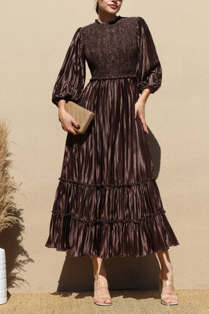 DD7754, PLEATED SMOCK TOP WOVEN MIDI DRESS