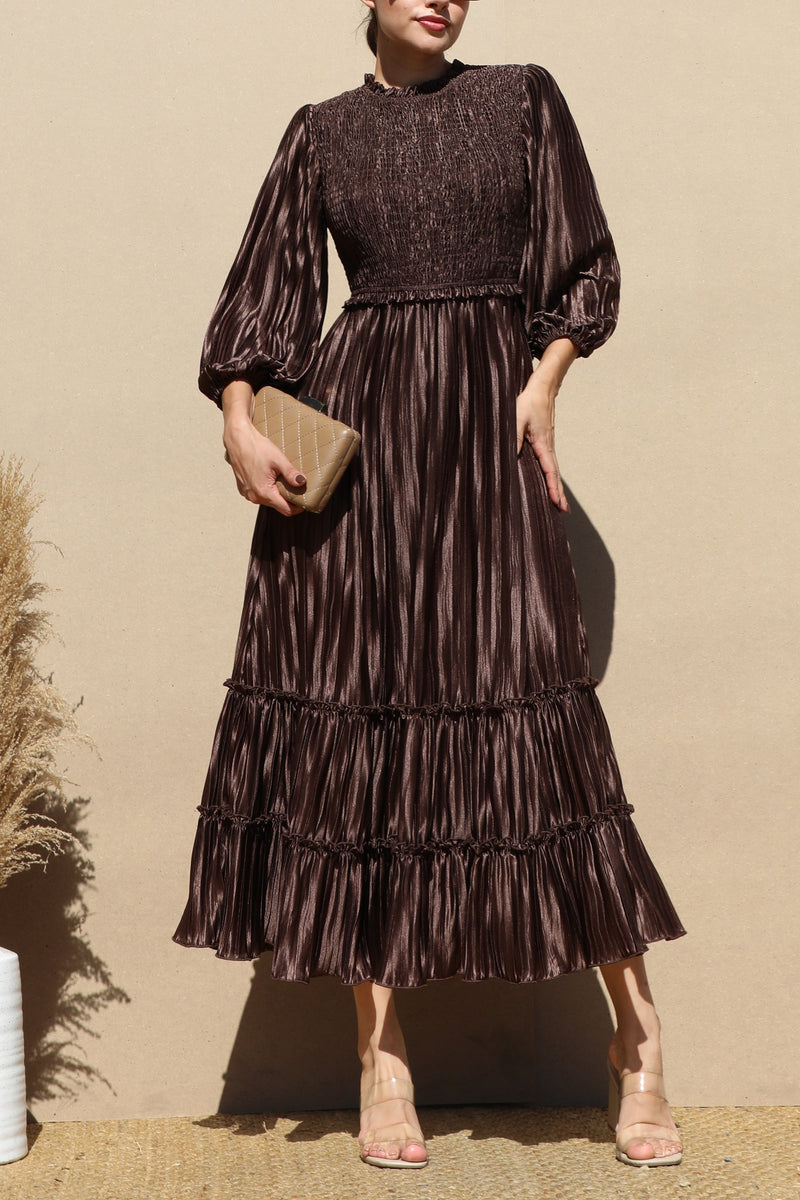 DD7754, PLEATED SMOCK TOP WOVEN MIDI DRESS