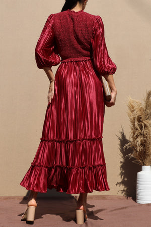 DD7754, PLEATED SMOCK TOP WOVEN MIDI DRESS