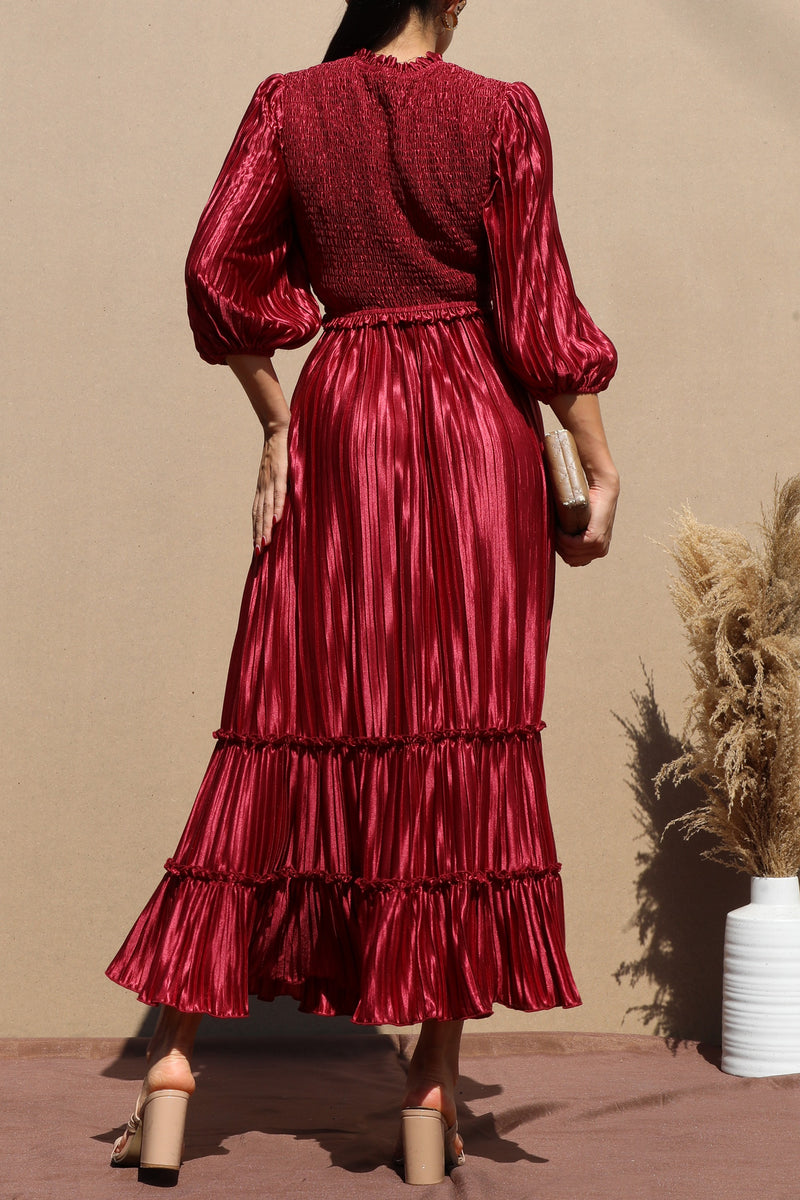 DD7754, PLEATED SMOCK TOP WOVEN MIDI DRESS