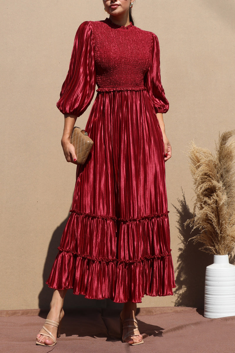 DD7754, PLEATED SMOCK TOP WOVEN MIDI DRESS