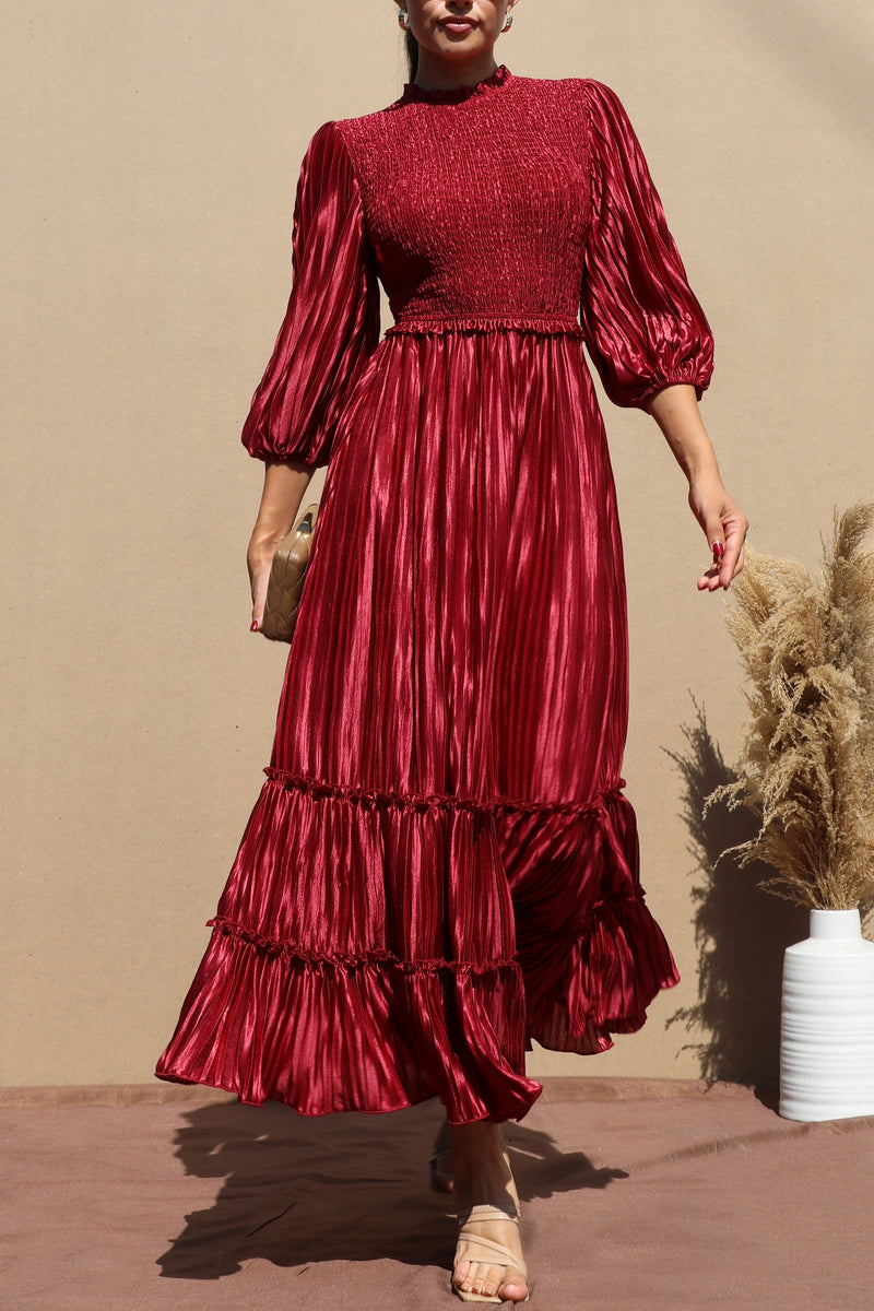 DD7754, PLEATED SMOCK TOP WOVEN MIDI DRESS