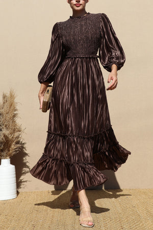 DD7754, PLEATED SMOCK TOP WOVEN MIDI DRESS