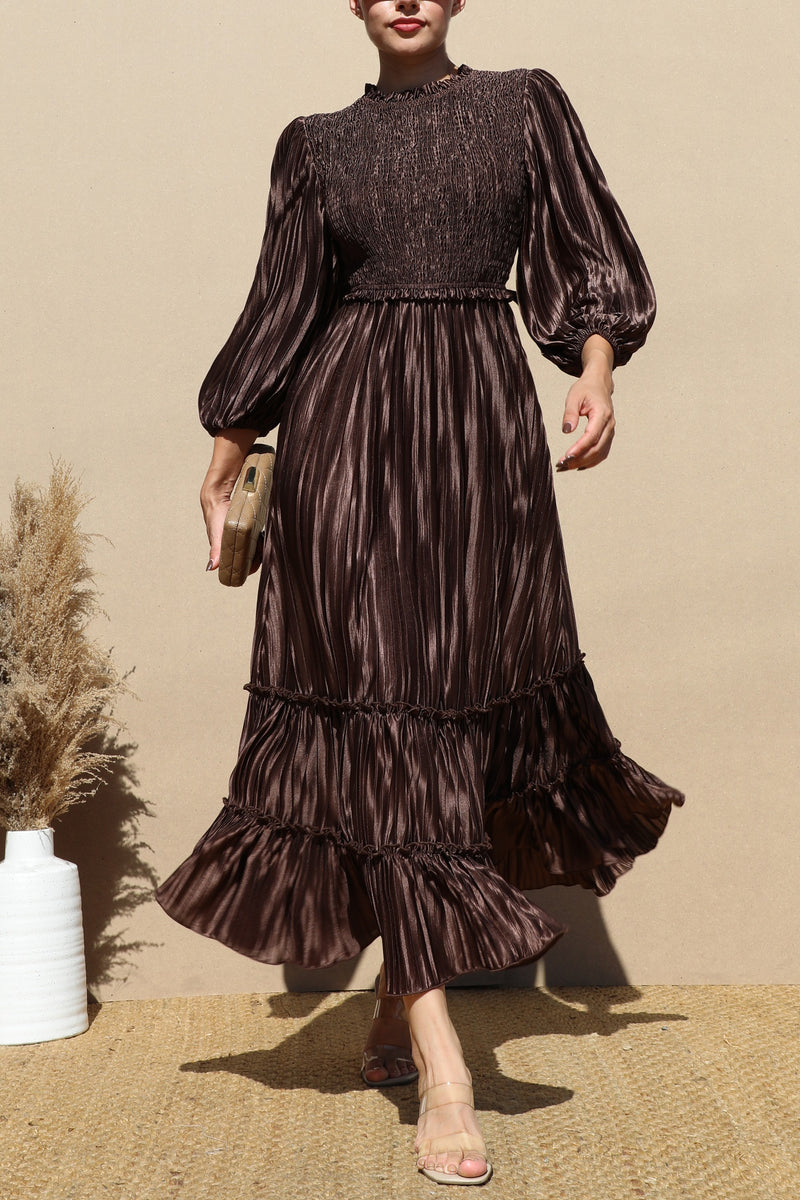 DD7754, PLEATED SMOCK TOP WOVEN MIDI DRESS