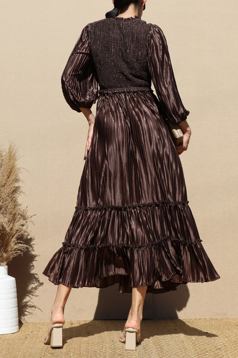 DD7754, PLEATED SMOCK TOP WOVEN MIDI DRESS