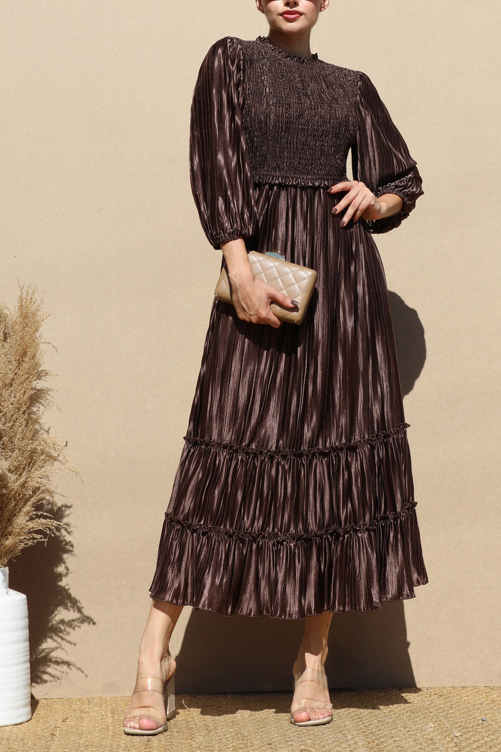 DD7754, PLEATED SMOCK TOP WOVEN MIDI DRESS